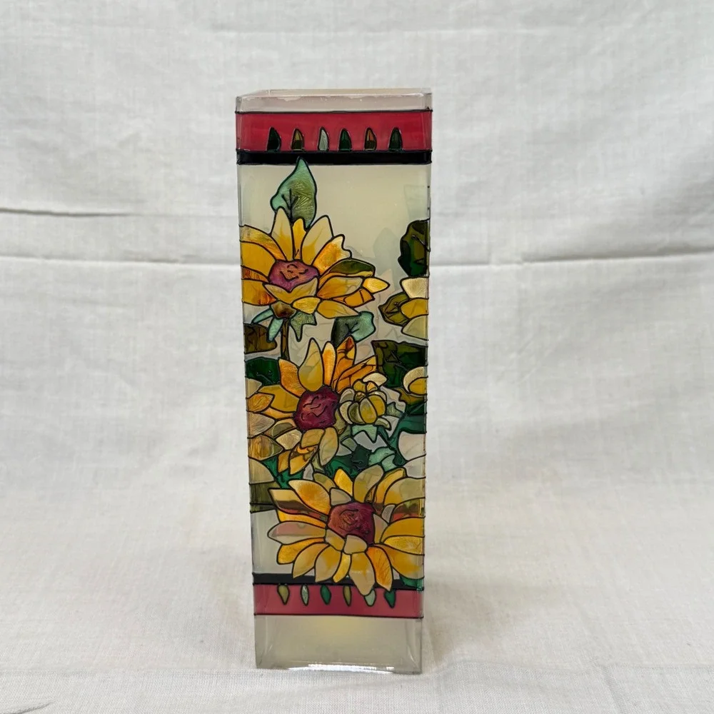 Vintage Hand Painted Sunflower Stained Glass Fireplace Match Holder Cottage